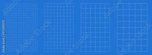 Blueprint grid set dashed node geometry, four scale variations. Wide medium dense micro spacing comparison, engineering layouts dashboards notebook pages interface planning systems technology graphics