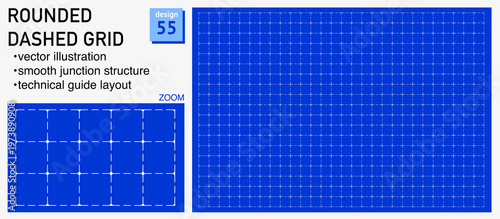 Blueprint grid system rounded dashed geometry, zoom detail view. Smooth junction structure demonstration, engineering diagrams dashboards planning layouts interface systems digital graphics. 
