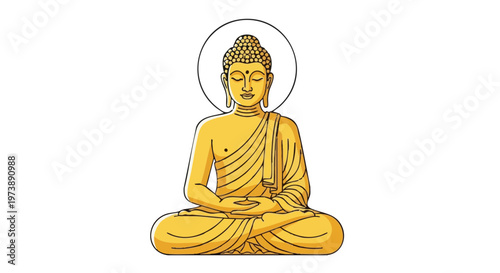 Golden Buddha statue meditating in lotus position. Vector illustration on a white background