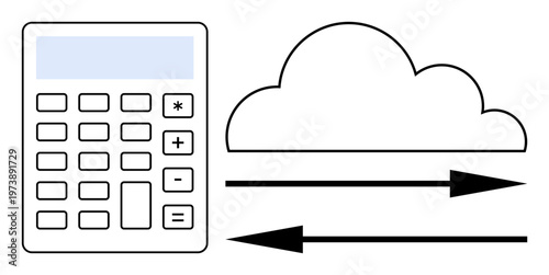 Financial technology, cloud storage, data transfer, online computing, digital tools, cloud accounting. Calculator next to cloud with arrows data flow. Financial technology and cloud storage theme