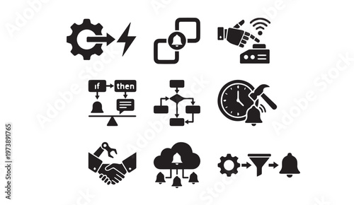Business automation and workflow process management icon set with automation