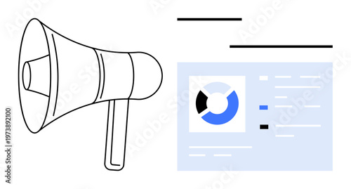 Marketing concept. Marketing combines communication tools thumbs up a megaphone and data visualization. Marketing drives strategy, audience targeting, and campaign performance. For business