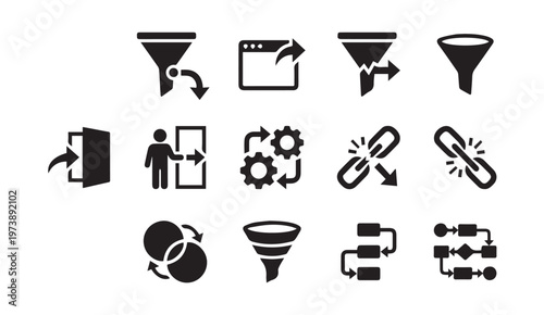 Data filtering linking process flow icons set with connection, external