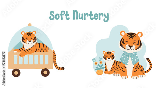 Illustration of tiger cubs and mother in a soft nursery setting with pastel colors and cartoon style.
