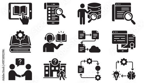 Digital education training platforms and customer support services icon set