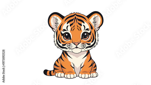 Illustration of a cute tiger cub sitting on a white background with orange and black stripes.