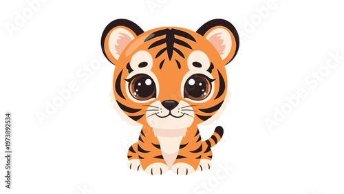 A cartoon tiger cub with big eyes and orange fur sits on a plain white background in a cute and playful pose.
