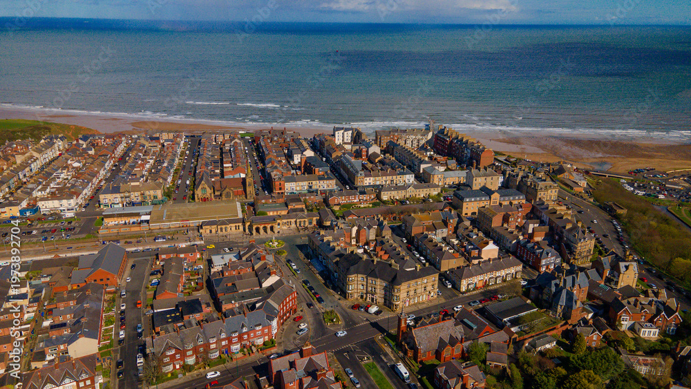Fototapeta premium Wide aerial shot of Saltburn coastline and Victorian town center
