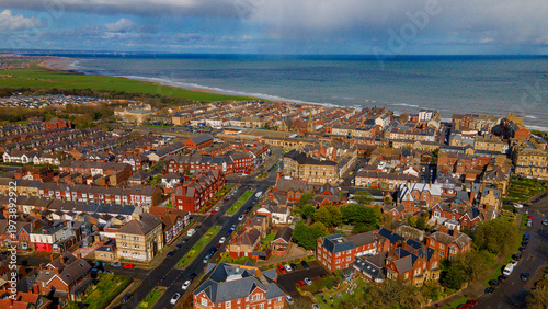 Aerial panorama of coastal town architecture and North Sea