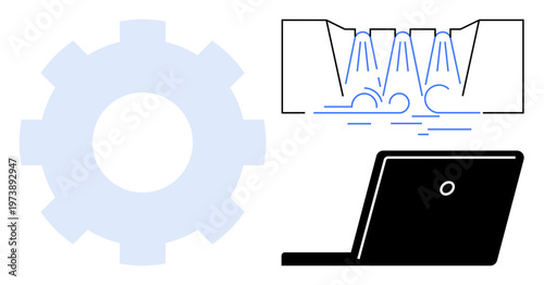 Automation, engineering, technology, industrial design, manufacturing, digital innovation. Gear icon, water jet cutting diagram laptop silhouette. Automation and engineering concept