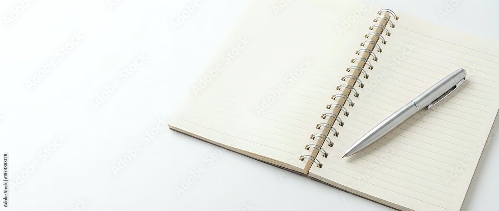 Naklejka premium Open spiral notebook with blank pages and silver pen on white background for office work and note taking.