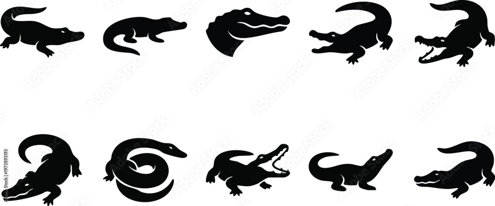 Fototapeta premium Ten Black Alligator Silhouettes Arranged in Two Rows.