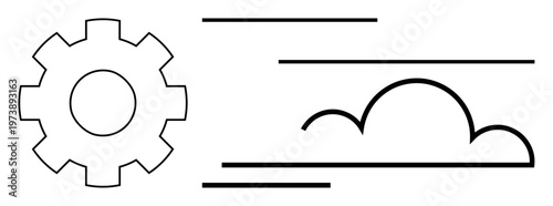 Cloud computing, technology integration, software development, digital transformation, innovation, networking. A gear next to a cloud icon with movement lines. Technology and cloud computing