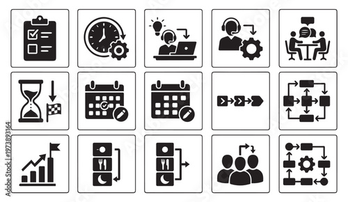 Business project management and office scheduling icon set with management