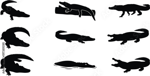 Nine Crocodile and Alligator Silhouettes Arranged in a Grid.