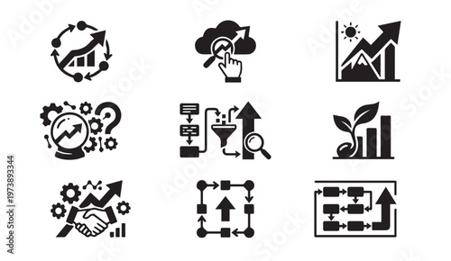 Economic growth and strategic business forecasting icon collection with business