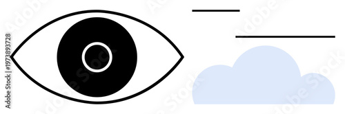 Vision, imagination, creativity, weather, clarity, focus. Minimalist eye with a solid pupil next to a blue cloud and abstract lines. Vision and imagination concept