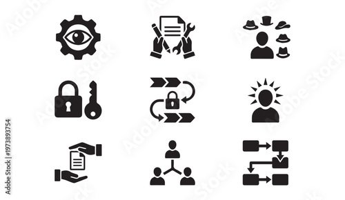 Corporate system audit and administrative management icon set with inspection