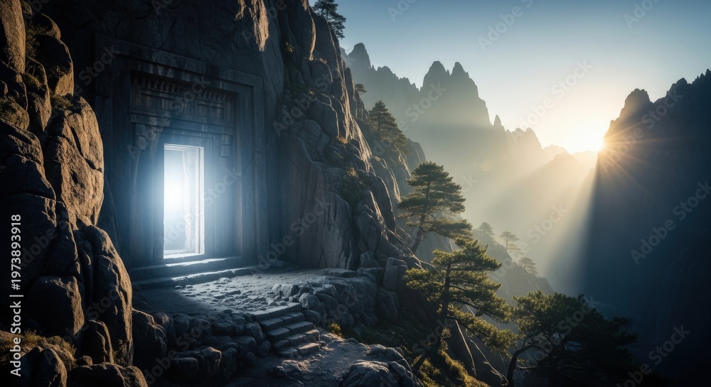 Obraz premium Mystical Stone Portal in Mountain Landscape at Sunrise