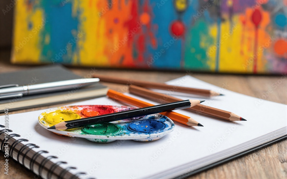 Fototapeta premium Colorful paint palette pencils and sketchbook on a creative art desk.