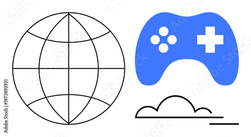 Online gaming, global connectivity, cloud technology, video game culture, digital entertainment, network infrastructure. A globe outline, game controller and cloud symbol. Online gaming and global