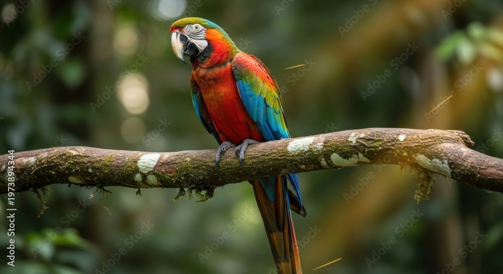 Obraz premium Colorful Macaw Parrot Perched on Branch in Forest.