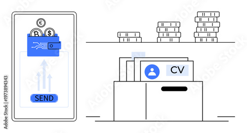 Digital transactions. Visualizing modern digital transactions through mobile money transfer and CV file management for professional hiring. Digital transactions for finance, recruitment, HR tools