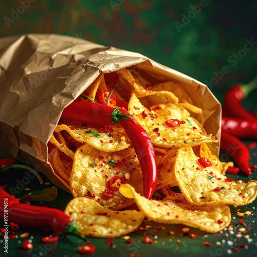 Spicy chili chips spilling from brown paper bag seasoned with herbs red pepper flakes and hot chili peppers on dark green surface