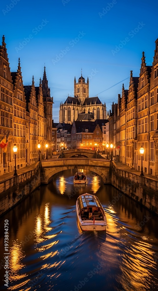 Fototapeta premium Gents Canal at Twilight - A Belgian Waterway Scene.