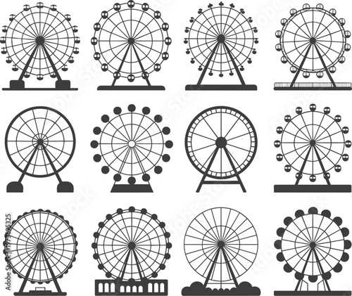 Twelve different Ferris wheel illustrations amusement park