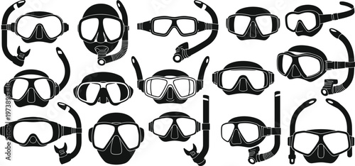 Collection of black diving masks and snorkels scuba mask