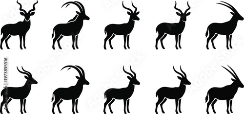 Ten Horned Antelope and Gazelle Silhouettes in Two Rows.