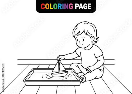 A cute toddler plays with a toy sailboat in a water tray.