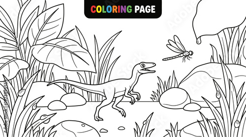 A Velociraptor Dinosaur Chasing a Dragonfly Coloring Page.