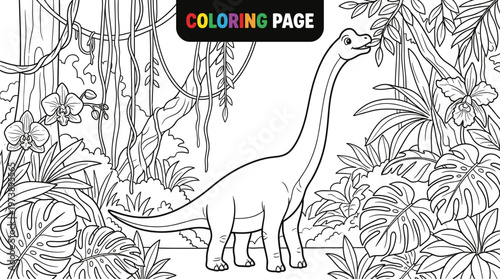 A long necked dinosaur eating leaves from a tree.