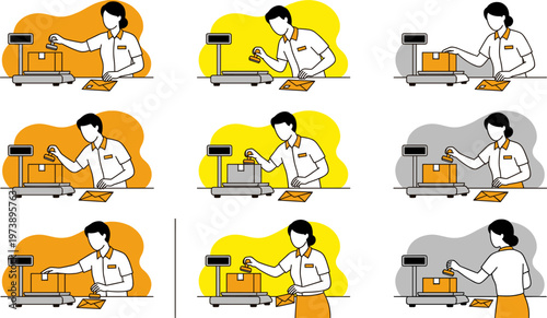 People weighing packages and parcels for shipping.