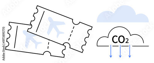 Sustainability, travel, environmental impact, carbon emissions, climate change, aviation industry. Two airplane tickets and cloud with CO2 symbol portrayed. Sustainability and travel concepts