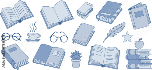 Collection of books coffee and reading accessories books, reading, coffee, glasses