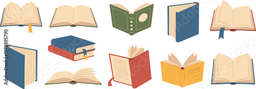 Collection of diverse open and closed books open book