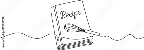 Continuous Line Drawing of Recipe Book and Whisk cooking