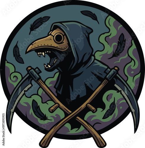 Plague Doctor Badge with Beaked Mask and Crossed Scythes.