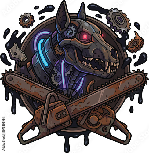 Cybernetic Robot Dog Head with Crossed Rusty Chainsaws.