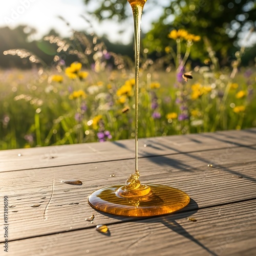 Golden Honey Drip on Wood with Wildflower Meadow Backdrop.