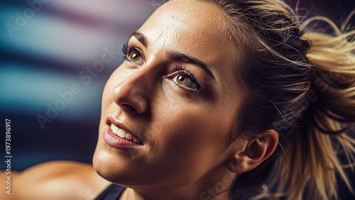 Close-up of a determined woman looking upwards with a focused expression during workout.
