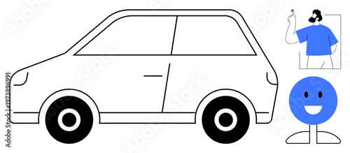 Automotive design, digital communication, ride-sharing, customer support, remote assistance, user feedback. Simple car outline, smiling figure and person wearing a headset. Automotive design