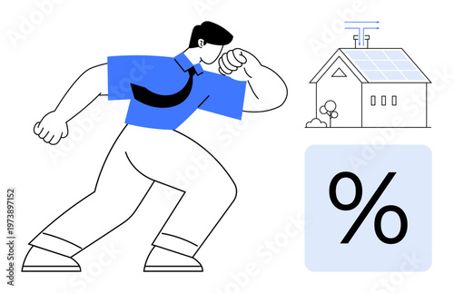 Renewable energy, financial planning, mortgage rates, energy savings, eco-friendly housing, sustainability. Businessman and house with solar panels. Renewable energy and financial planning concept
