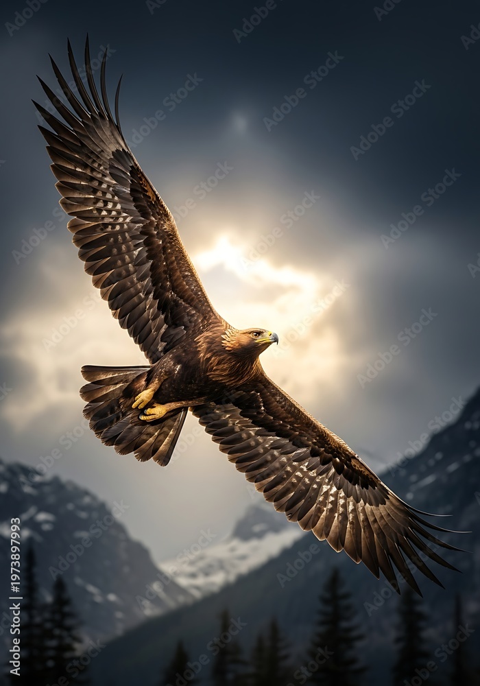 Fototapeta premium Golden Eagle Soaring Through Mountain Skies - A Majestic Flight.