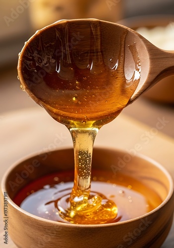 Golden Honey Drizzling from Wooden Spoon into Bowl.