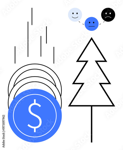 Economics, sustainability, deforestation, environmental concerns, financial analysis, ecological solutions. Coins, emoticons tree illustration economic and ecological balance. Economics