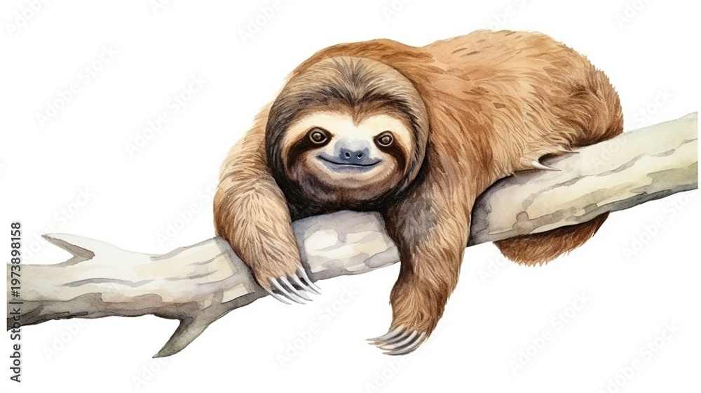 Obraz premium Gentle brown tree-dwelling sloth comfortably stretched along a light-gray branch